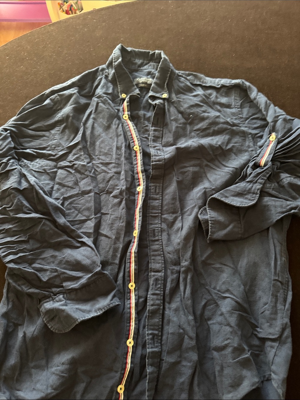 Zara Men's Navy Button-Down Shirt with Contrast Trim